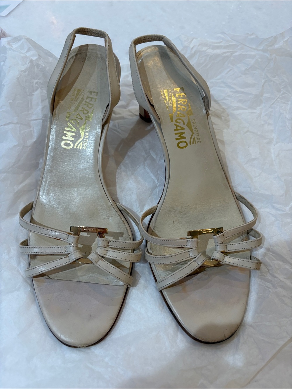Salvatore Ferragamo Ivory Leather Knot-Front Slingback Sandals with Gold Accent